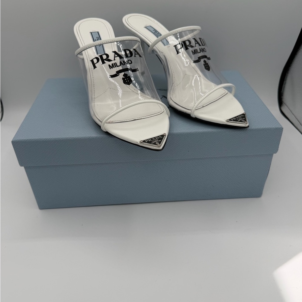 Prada Clear PVC Logo Mule Heels White Pointed Toe Size 38 Italy - Picture 4 of 9